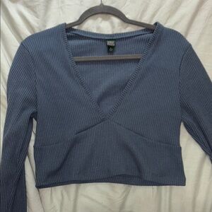 Blue V-Neck Ribbed Women's Top